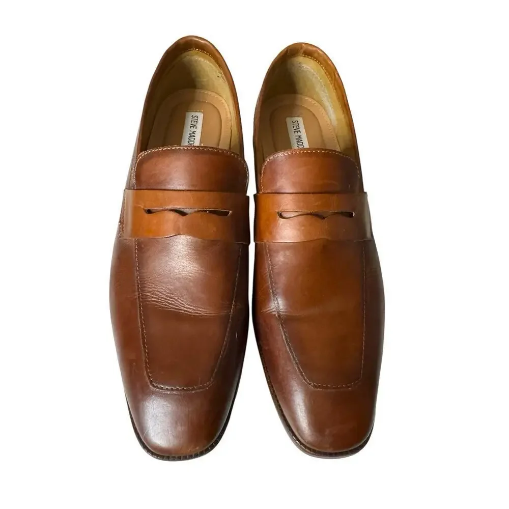 Steve Madden Dalton Penny Loafers Leather Size 10.5 Cognac Brown Old Money